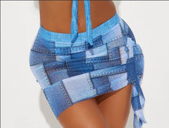 Abigale 3 Piece Bikini Skirt Set - Denim