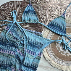 Knitting Bikini Skirt Three-piece Set Bikini Striped Swimsuit Bikini Women Swimw