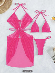 3pcs Halter Neck Bikini Beach Summer Solid Color Split Swimsuit Womens Clothing