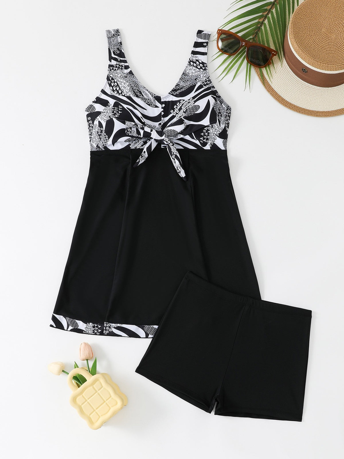 Female Skirt Style Split Boxers Conservative Tankini Swimsuit