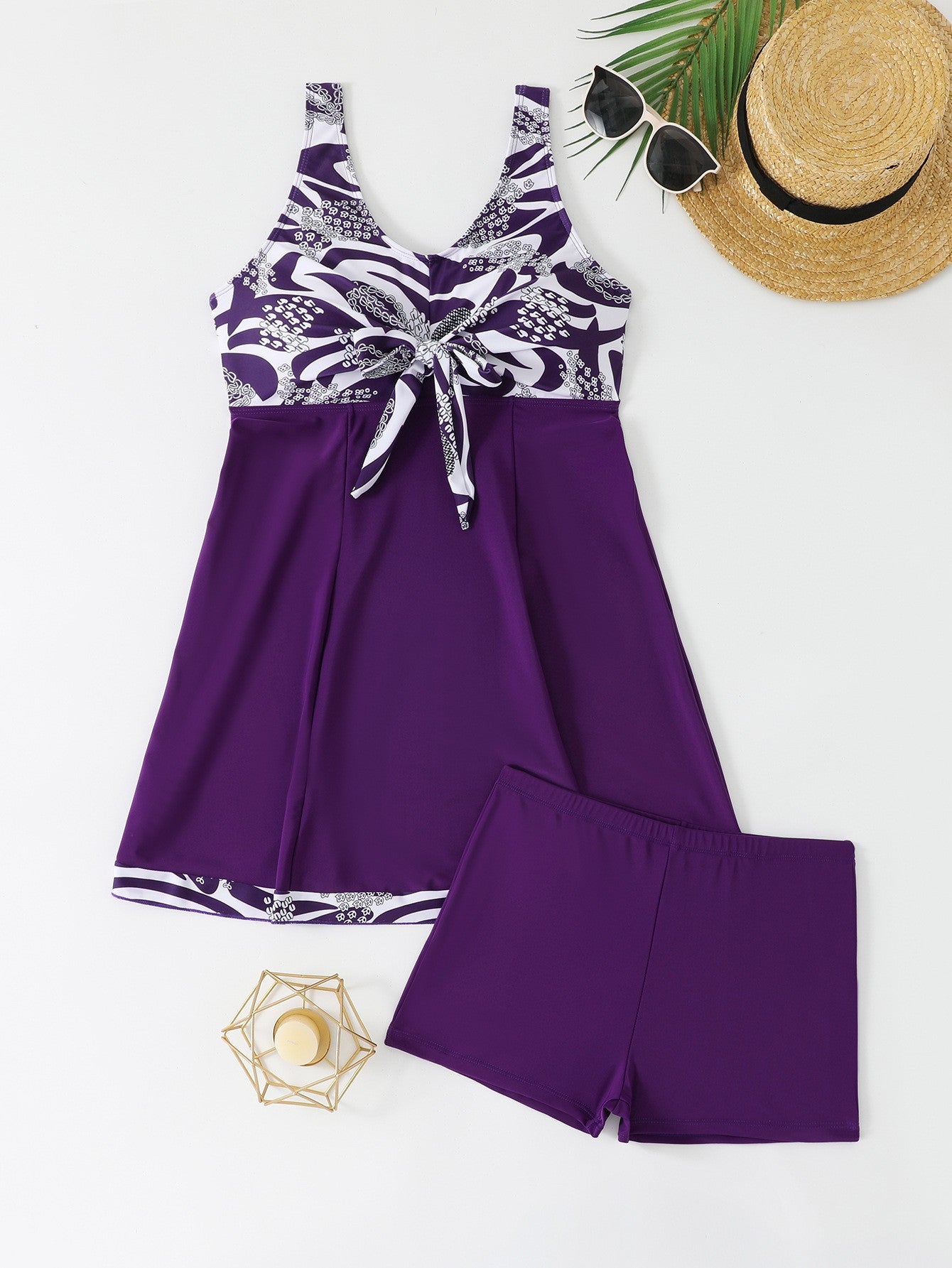 Female Skirt Style Split Boxers Conservative Tankini Swimsuit
