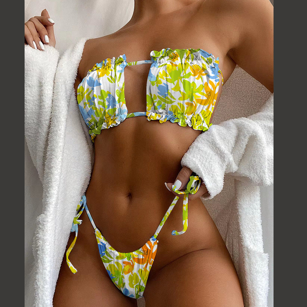 Floral Pleated Cut Out Bikini