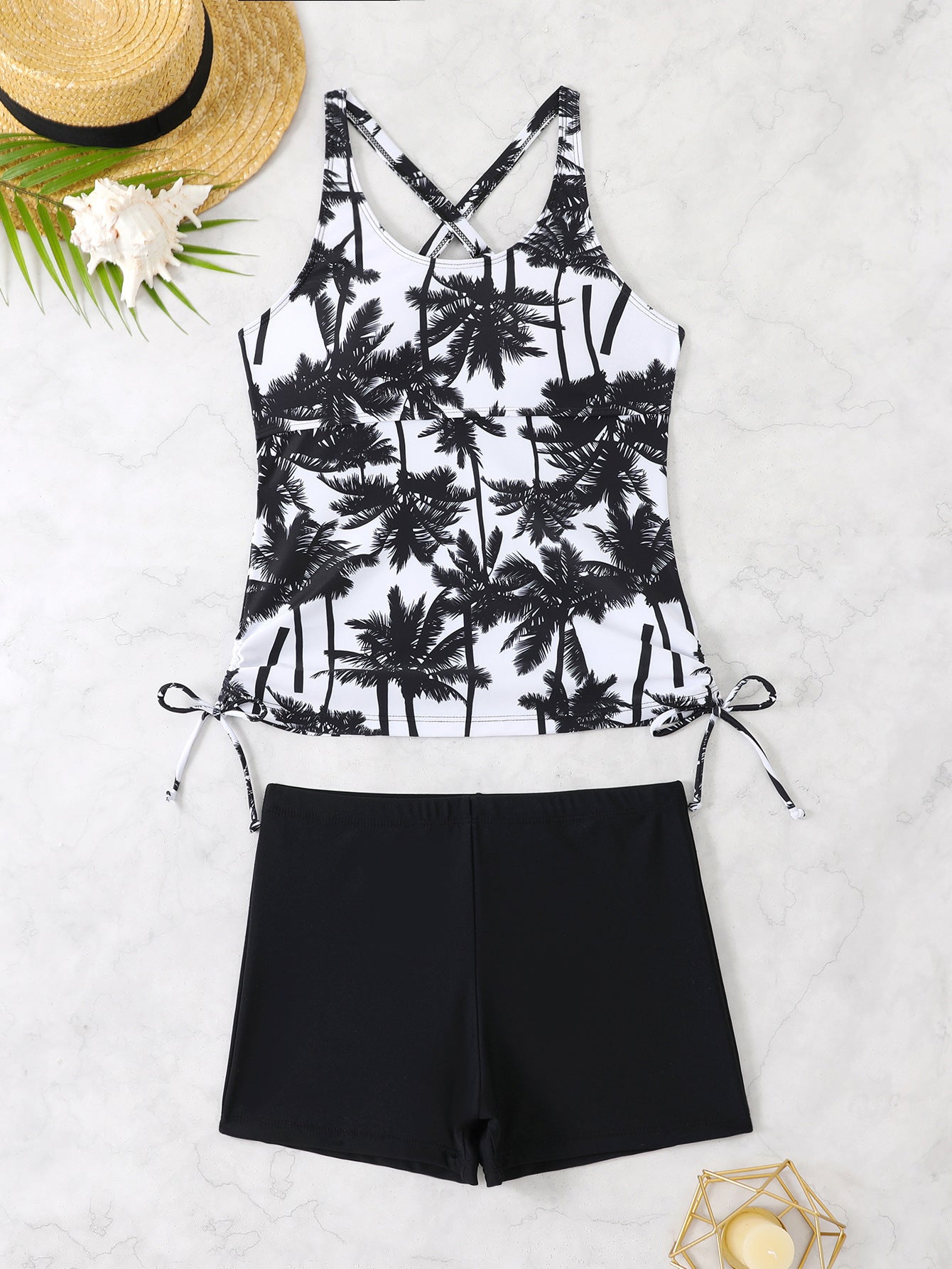Split Boxers Tankini Coconut Tree Printed Swimsuit