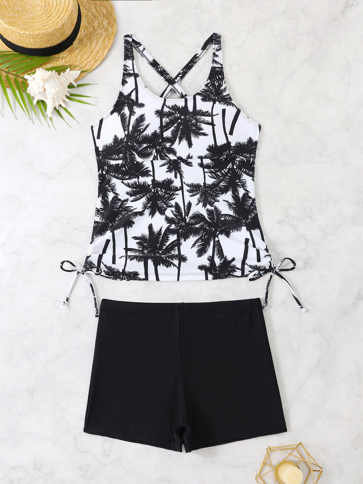 Split Boxers Tankini Coconut Tree Printed Swimsuit