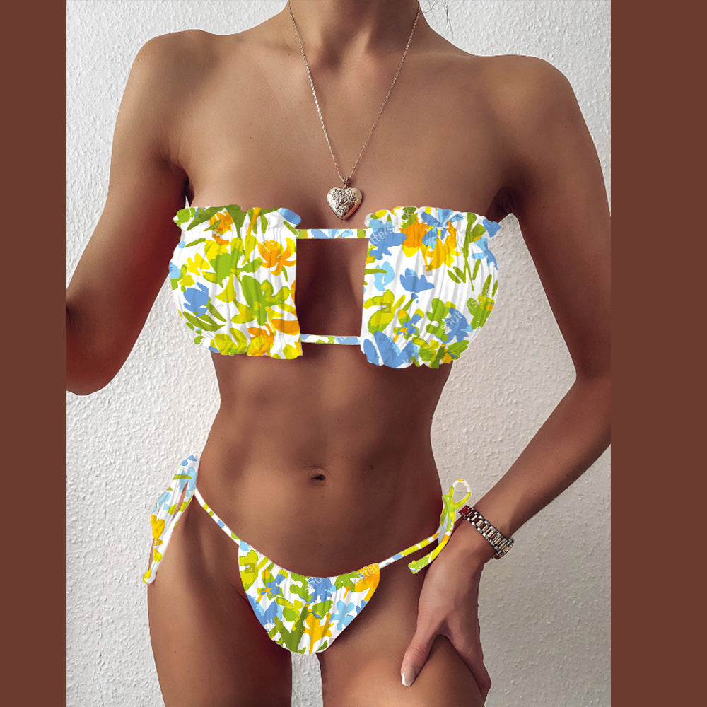 Floral Pleated Cut Out Bikini