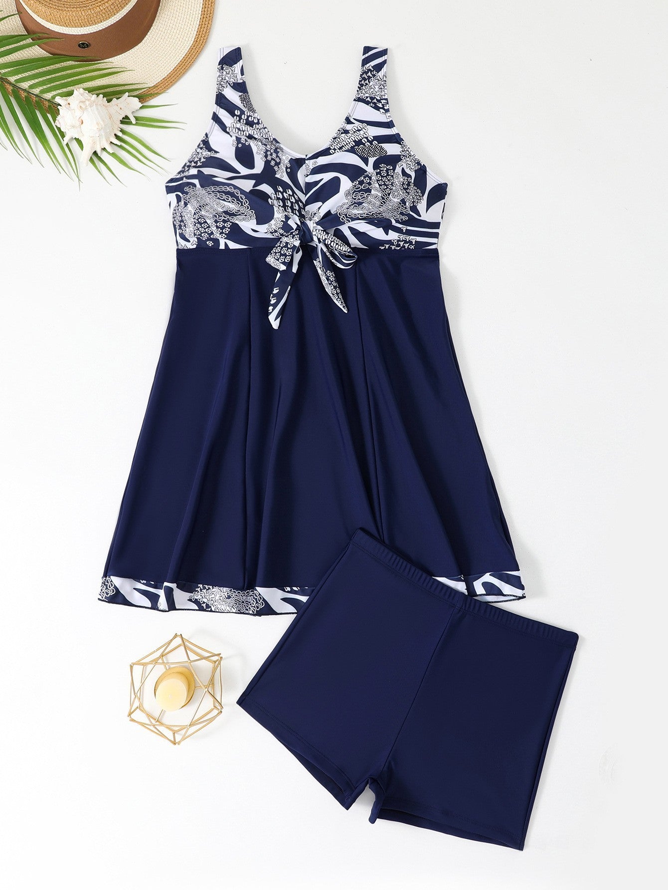 Female Skirt Style Split Boxers Conservative Tankini Swimsuit