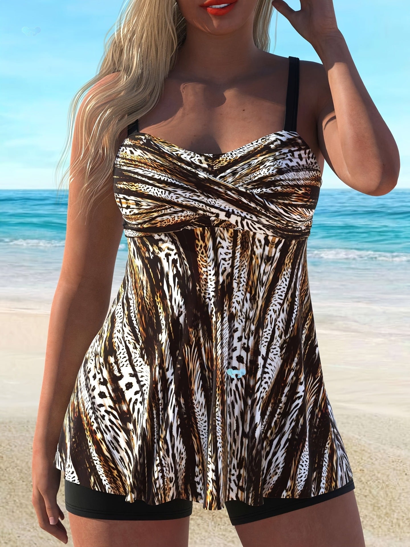 Striped Print Cross Ring 2PCs Set Tankini High Stretch